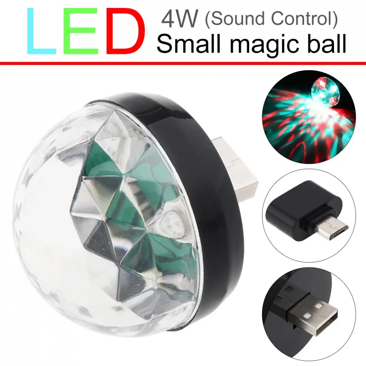 

4W Mini USB LED Sound Active Light Crystal Magic Ball RGB Stage Light with Micro Interface Support Andriod Phone for Home / KTV