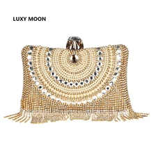 Luxury Gold Rhinestone Tassel Evening Bags Clutches Women Long Chain Diamond Beaded Shoulder Bag Wedding Party Clutch Purse L897
