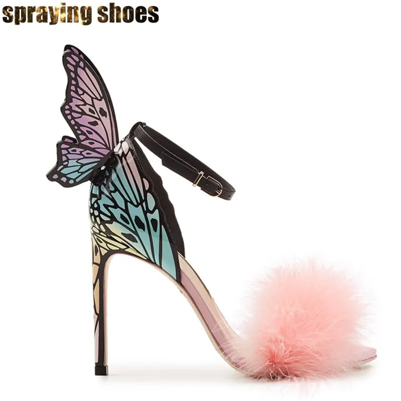 

Colorful Butterfly with Feather Women High Heel Sandals Sexy Wedding Party Shoes Buckle Strap Lady Stiletto Pumps Summer Sandals