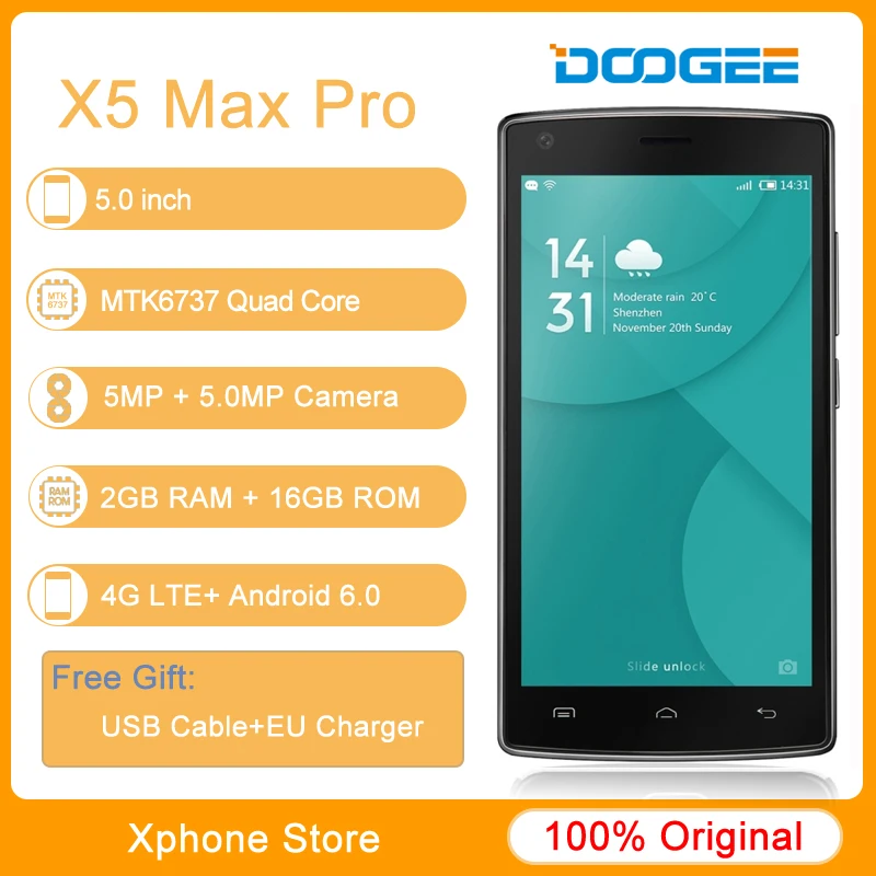 Оригинал DOOGEE X5 Max Pro 5.0 дюймов Android 6.0 2 ГБ Оперативная память 16 Встроенная 4 г LTE