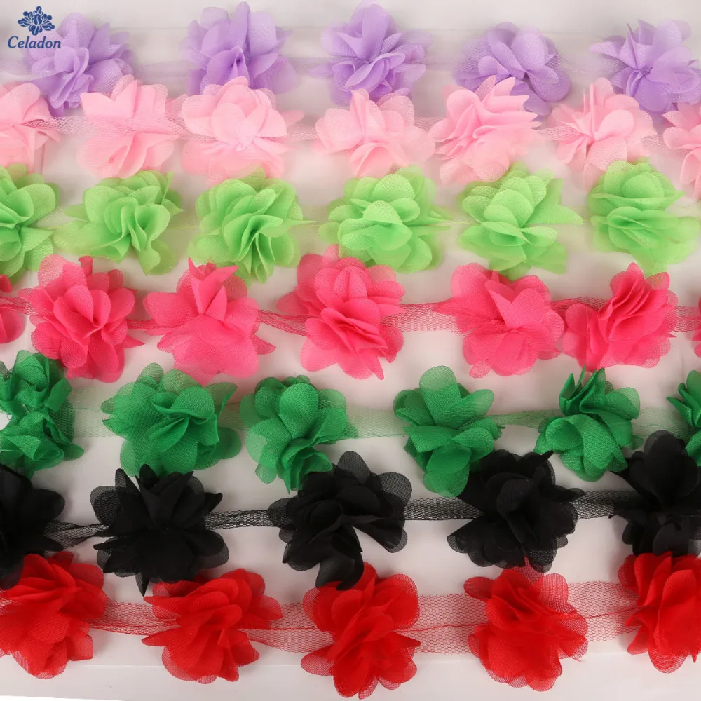 

2Yards/lot Multi Colors Width 5cm 3D Chiffon Cluster Flowers Lace Dress Decoration Lace Fabric Applique Trimming Sewing Supplies