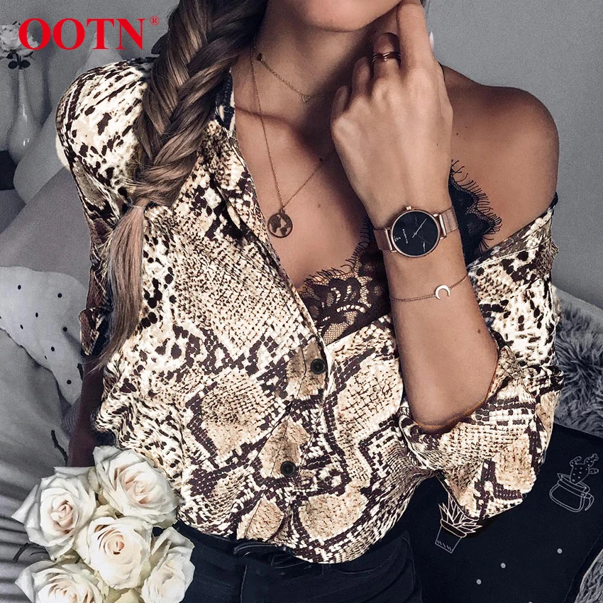OOTN принт змеиной кожи шелк блузка Женские рубашки топы с длинными рукавами