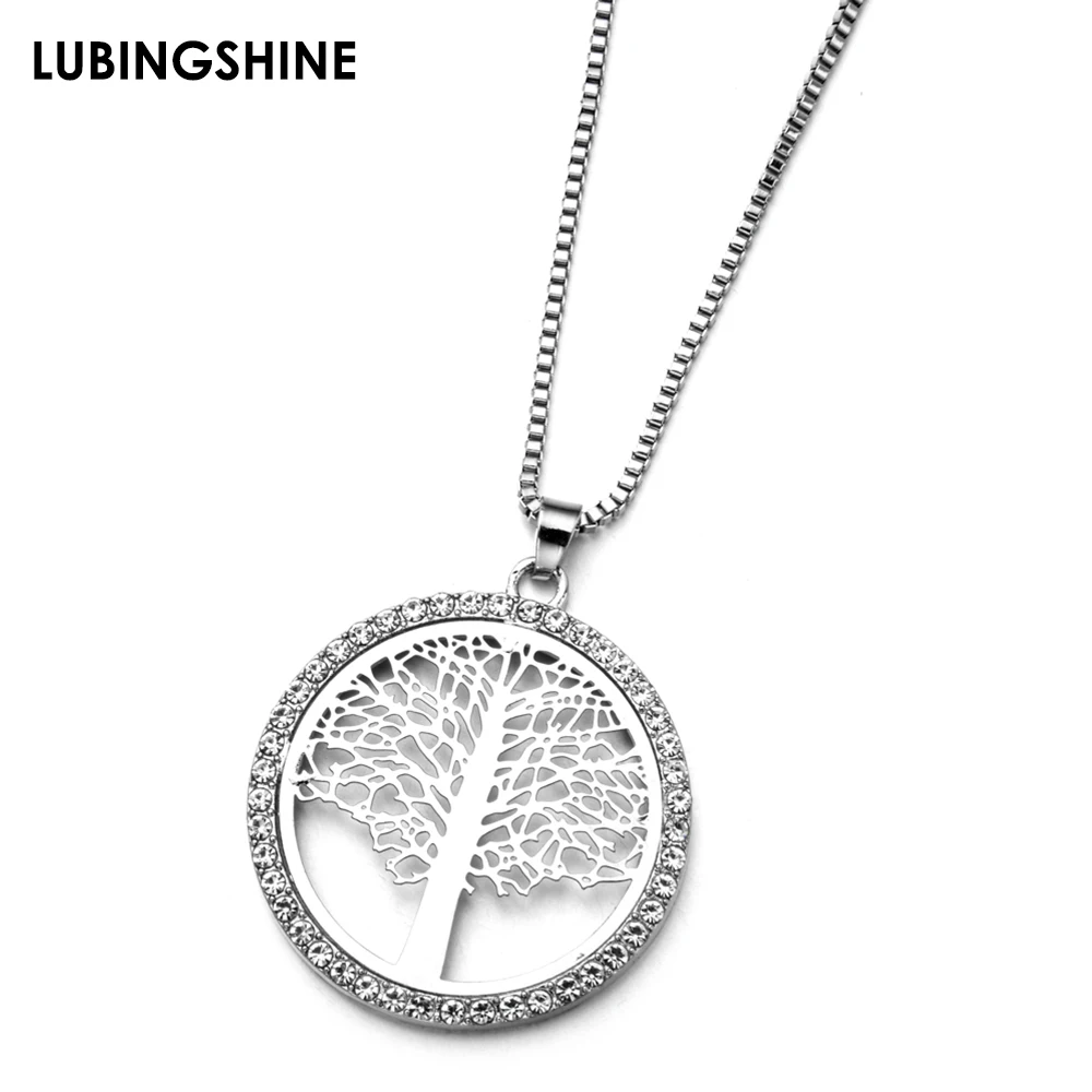 

Fashion Crystal Tree of Life Round Pendant Necklace Silver Color Long Chain Necklace for Women Girl Party Choker Collier Jewelry