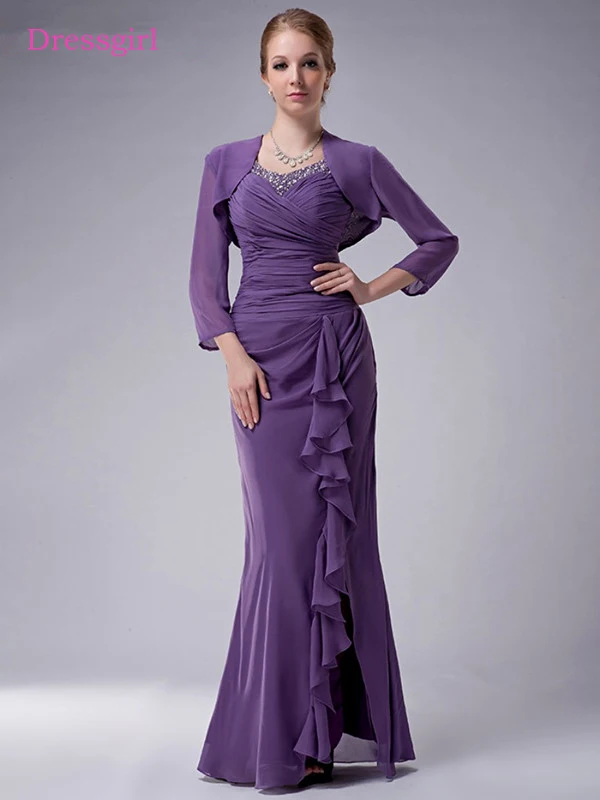 

Plus Size 2019 Mother Of The Bride Dresses Sheath Chiffon Beaded Slit With Jacket Long Elegant Groom Mother Dresses Wedding