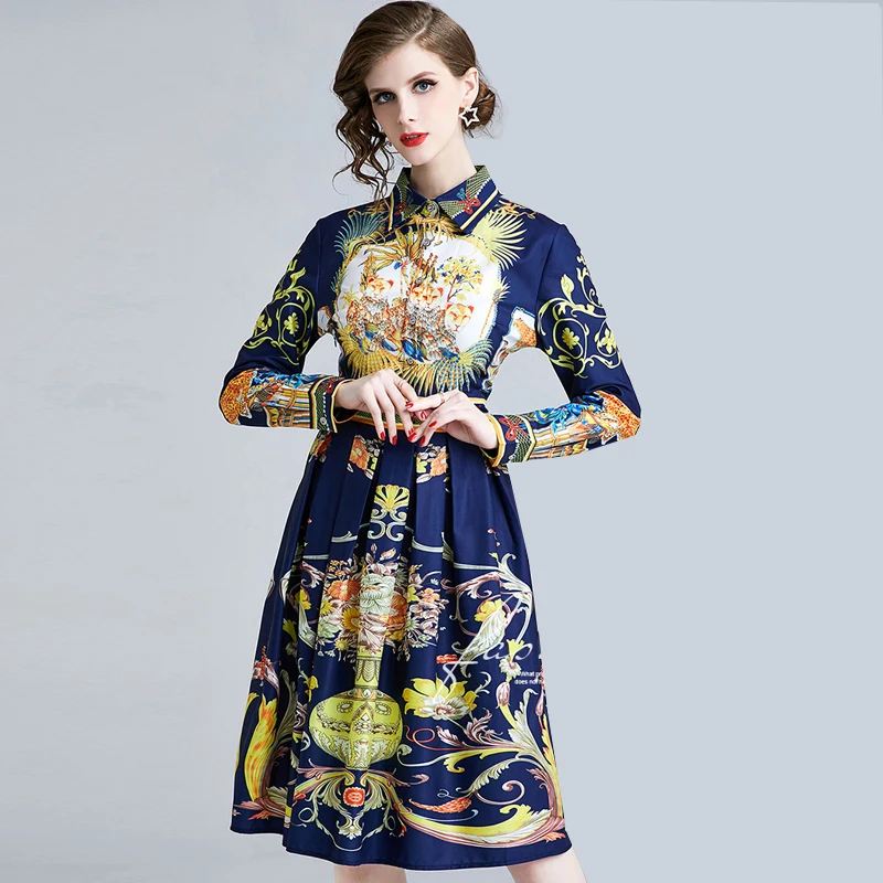 

Spring Autumn High Quality Womens New Designer Long Sleeve Vintage Printed Dress Elegant Ladies Knee Length Navy Dress Vestidos