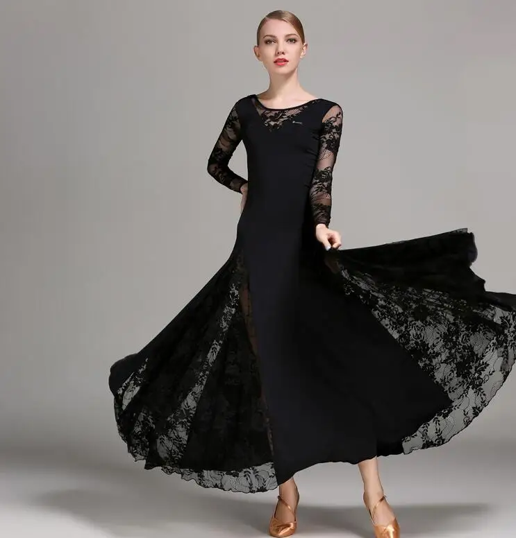 Новое Кружевное бальное танцевальное платье для женщин с длинными рукавами, платья для танго и вальса, стандартное бальное платье черного/Красного/синего/зеленого цвета - Цвет: black