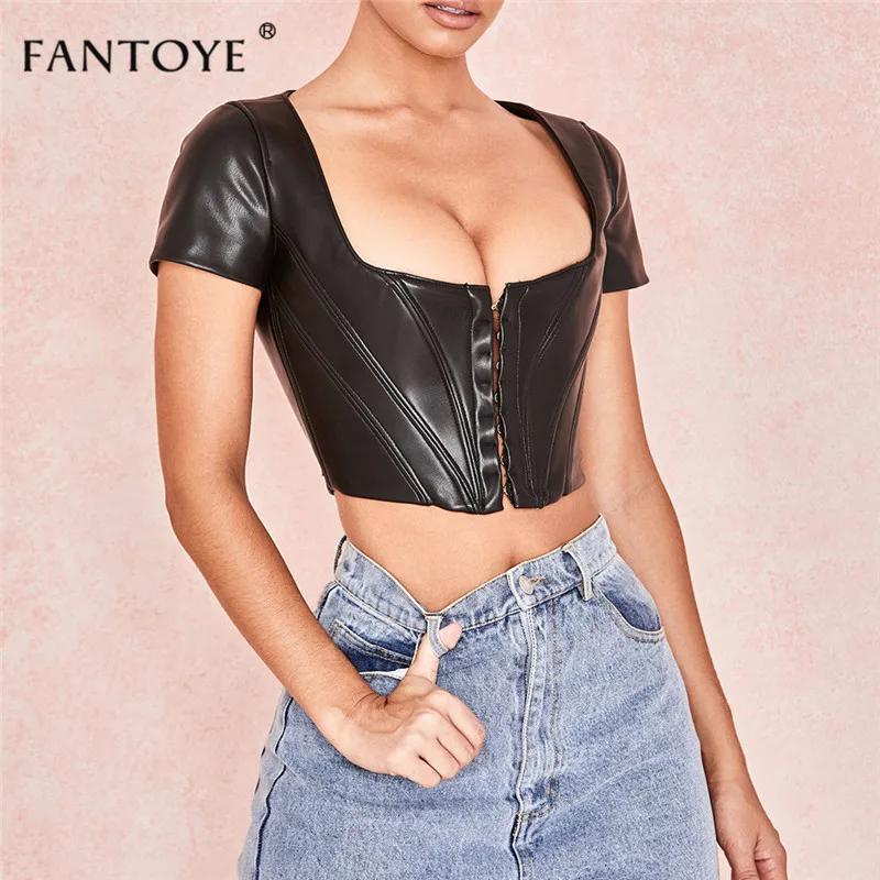 Fantoye PU Leather Bodycon Women Crop Top Sexy Black Summer Autumn Mini Tank Top Femme Sexy Party Haut Ladies Bustier Short Tops