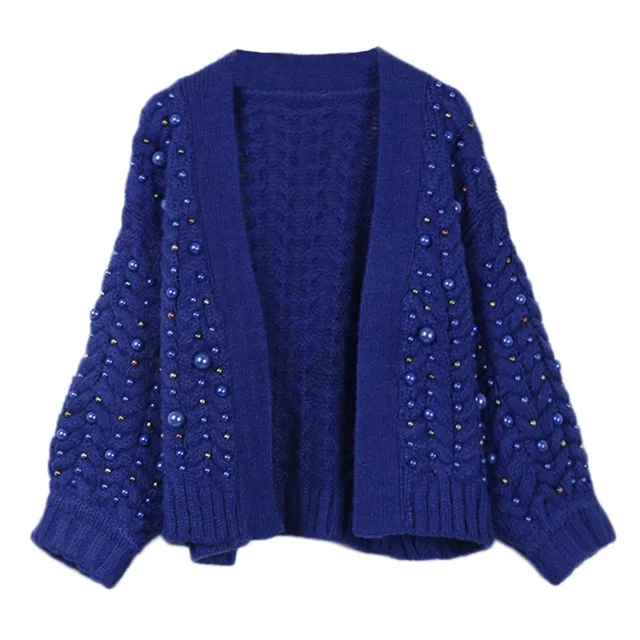 2018 Wool Knit Cardigan Coat Women Sweater V neck Pearl Beaded Women