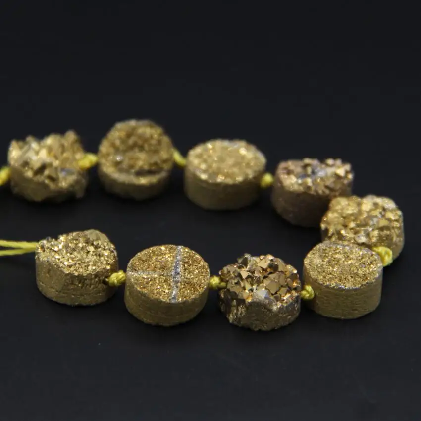 16PCS/strand Titanium Gold Raw Quartz Geode Drusy Flat Round Cabochon Beads,Roug Agates Crystal Druzy Coin Slab Nugget Pendant
