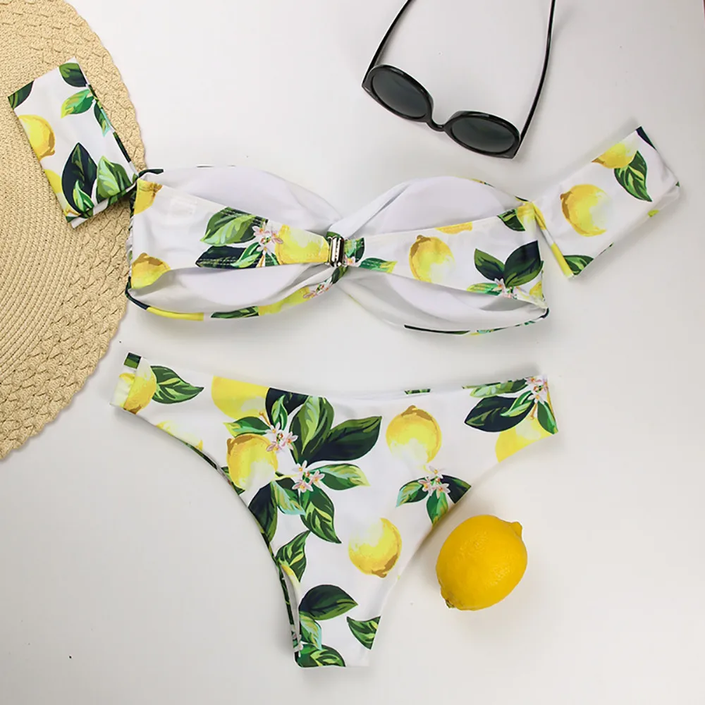 

Lemon print women bathing suit Sexy off shoulder bikini set Bandeau swimsuit Push-Up padded swiming suit Ladies swimwear