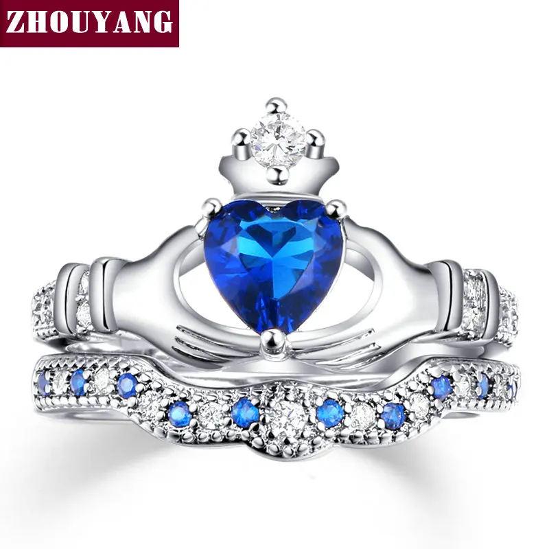 Holding the Created Blue Crystal love Heart Cubic Zirconia Crown Wedding Ring Sets Silver Color Blue Crystal 2016 new ZYR616