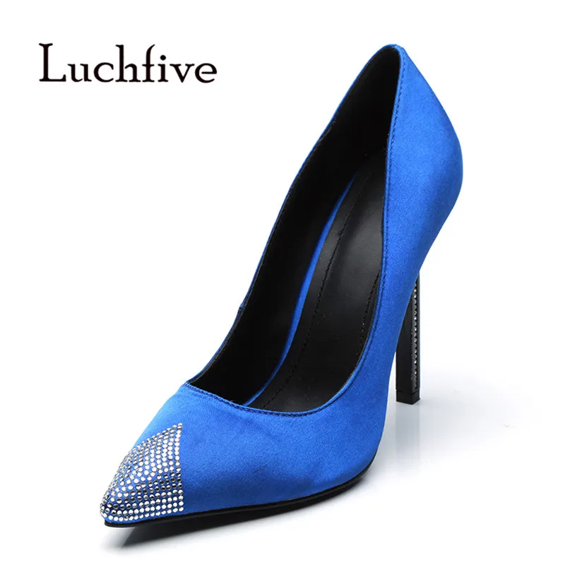 

Luxury Blue Satin Pumps Women Pointed Toe Rhinestone Strange High Heel Shoes Woman Party Shoes