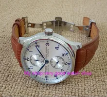 43MM PARNIS Butterfly buckle Automatic Self-Wind movement Silvery- white dial power reserve men’s watch brown Leather Strap