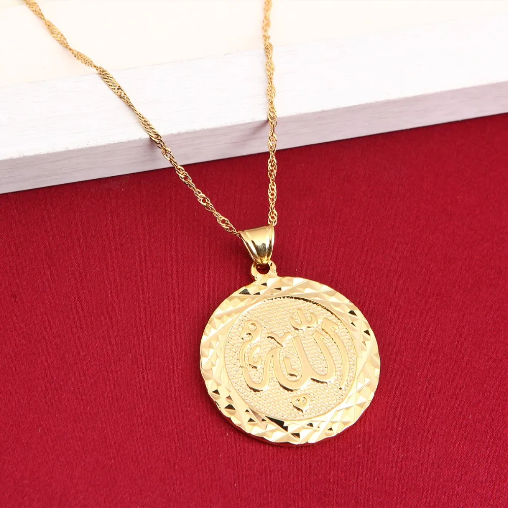 Men Allah Gold Pendant Necklace Link Chain Round Fashion Pendant Necklace Middle East Jewelry
