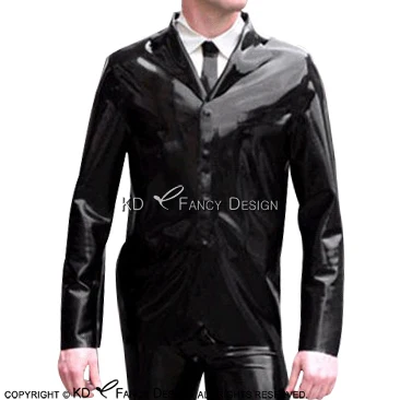

Black Sexy Latex Suit With Buttons At Front Turn Down Collar Rubber Jacket Coat YF-0156