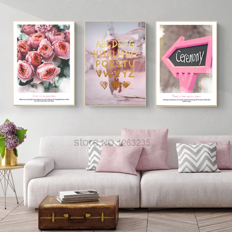

Pink Rose Flowers Nordic Poster Love Wall Art Canvas Painting Quadro Wall Pictures For Living Room Cuadros Decoracion Unframed