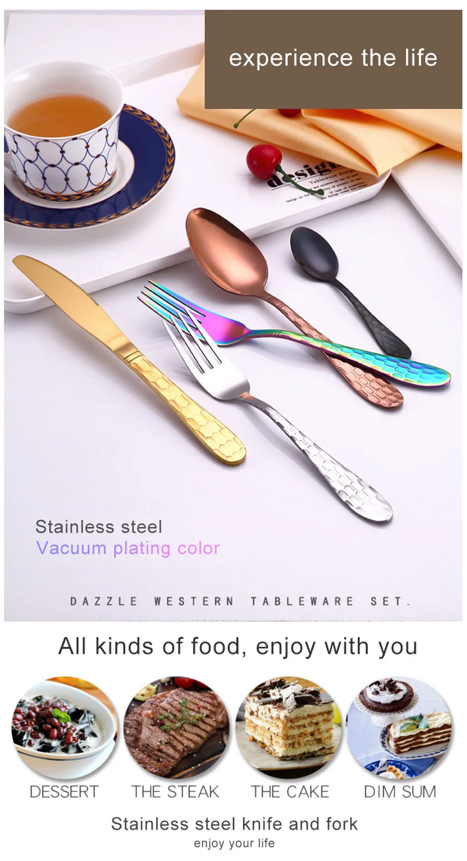 Creative PatternTableware Set 304 Steel Stainless GoldTableware Sets Plating Knife Forks Dinner Set Western Food Cutleries 4pcs (1)
