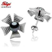 Женские серьги-гвоздики с цветочным 925 пробы и серебряным жемчугом, вечерние ювелирные изделия, подарки 6-7 мм, серьги с черным пресноводным жемчугом, хорошее ювелирное изделие