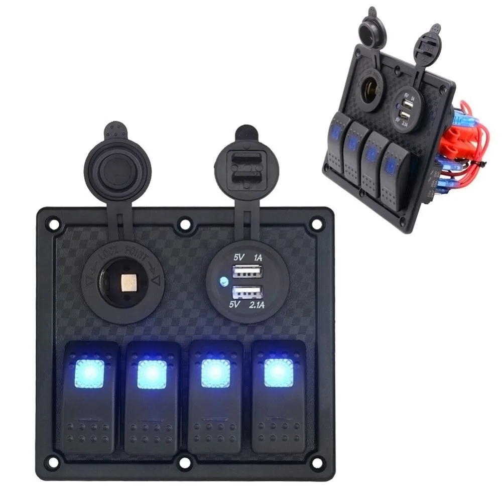 

4 Gang LED Car Marine Boat Rocker Switch Panel Power Socket Dual USB Waterproof