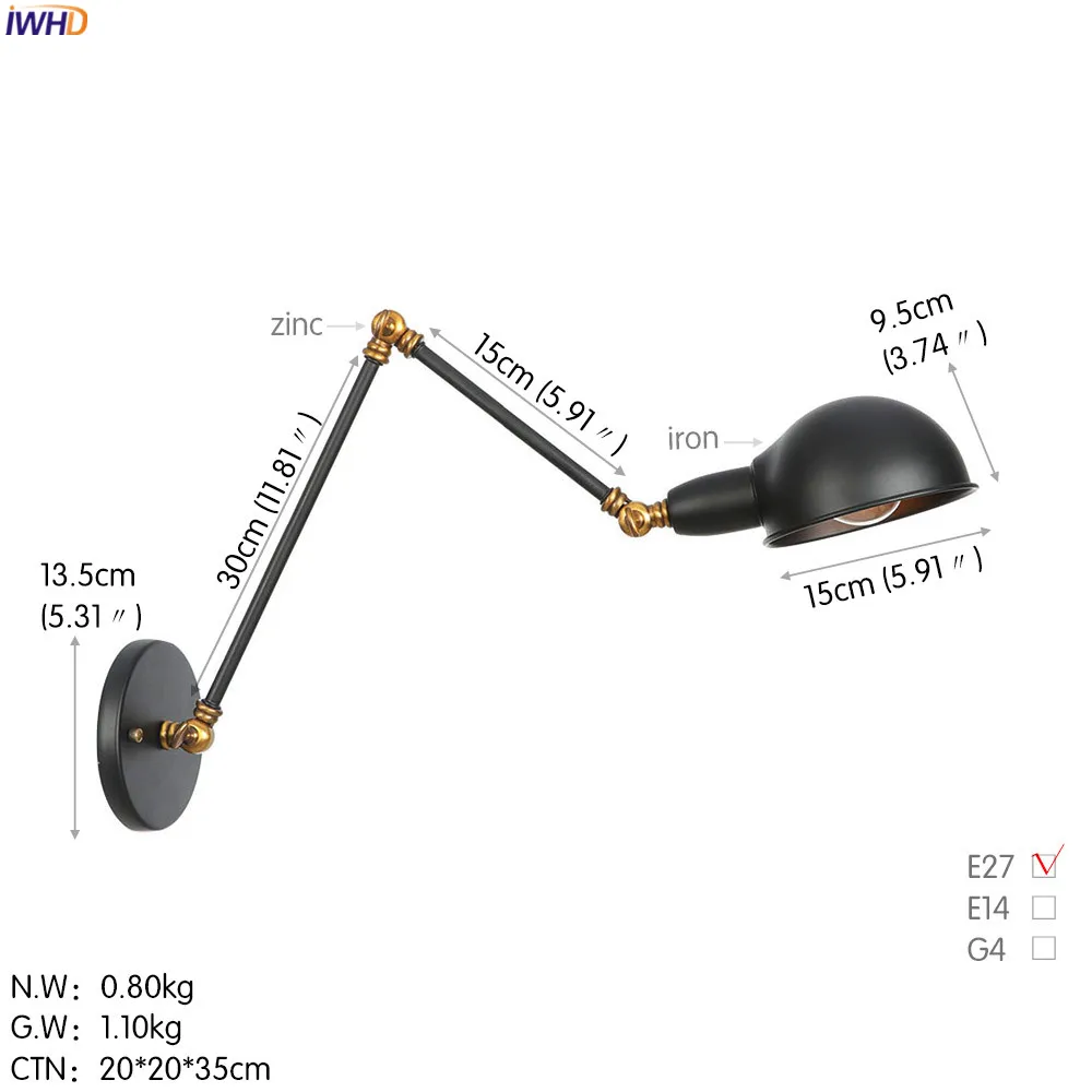 IWHD серебро Лофт Стиль Винтаж светодиодный настенный светильник Ванная комната Спальня Ретро Регулируемый качели длинные руки настенный светильник Эдисон Aplique сравнению