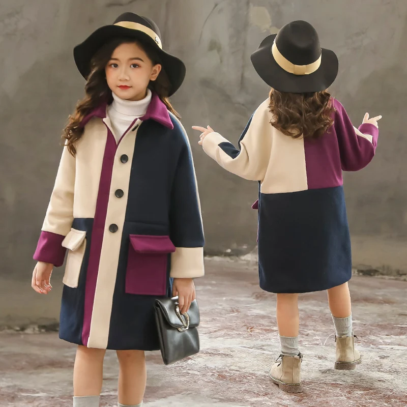 Детское зимнее пальто для девочек; новое модное шерстяное пальто с узором «гусиная лапка» для девочек-подростков; осенняя куртка; теплая Длинная Верхняя одежда; детская ветрозащитная одежда