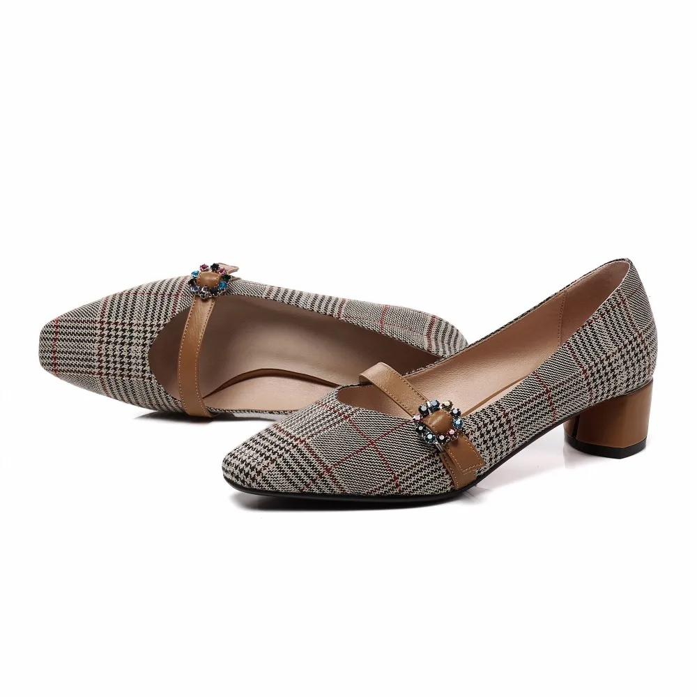

Buckle Square Toe Low Heel 4cm Simple Lady Buckle Strap Brown Shallow Women Fashion Casual Slip On Comfortable Dress Party Shoes
