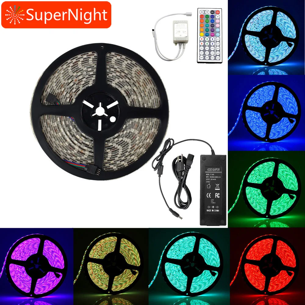 

SuperNight 10M 5050 RGB LED Strip Kit 60LEDs/m DC 24V IP65 Waterproof LED Light with IR Remote Controller Power Adapter US EU UK