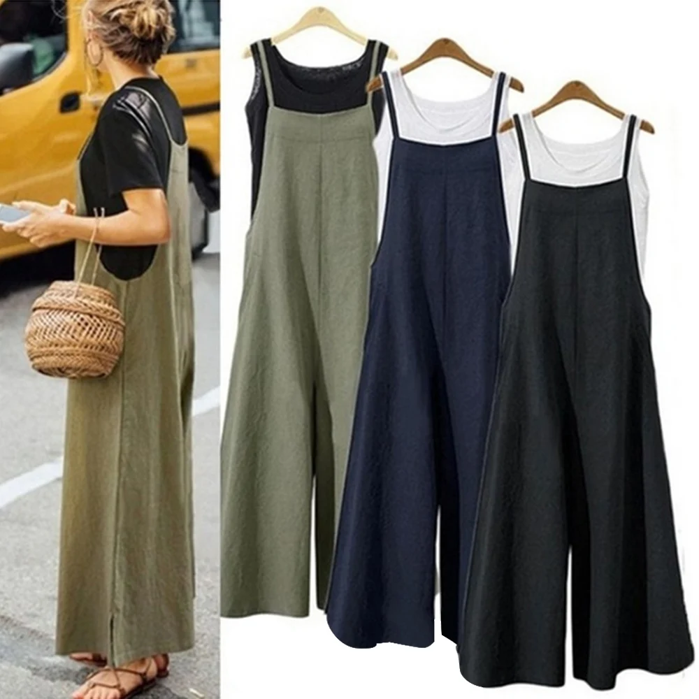 

Summer Women Pocket Long Wide Leg Romper Strappy Dungaree Bib Overalls Casual Loose Solid Jumpsuit Plus Size S-5XL