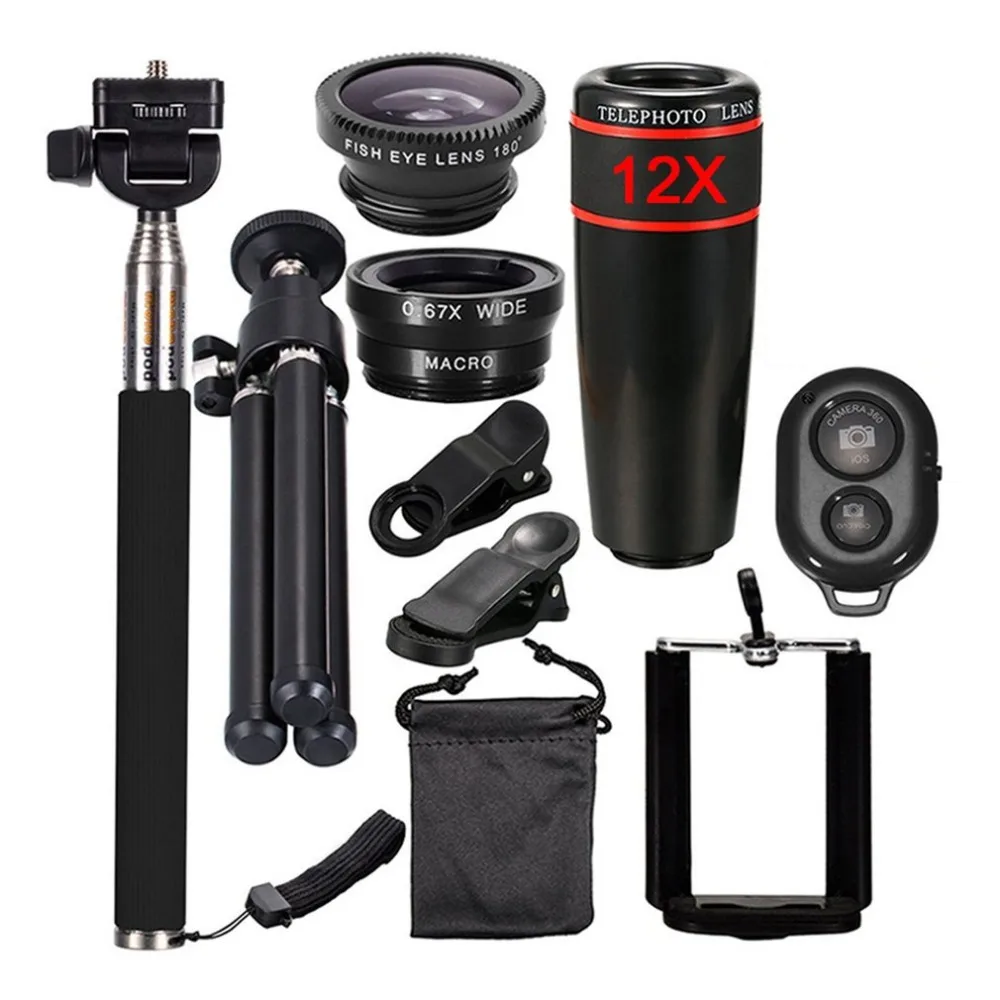 

12X Zoom Camera Telephoto Lens Wide Angle Phone Telescope Clip Lens Kit Bluetooth Remote With Selfie Stick For Smart Phone