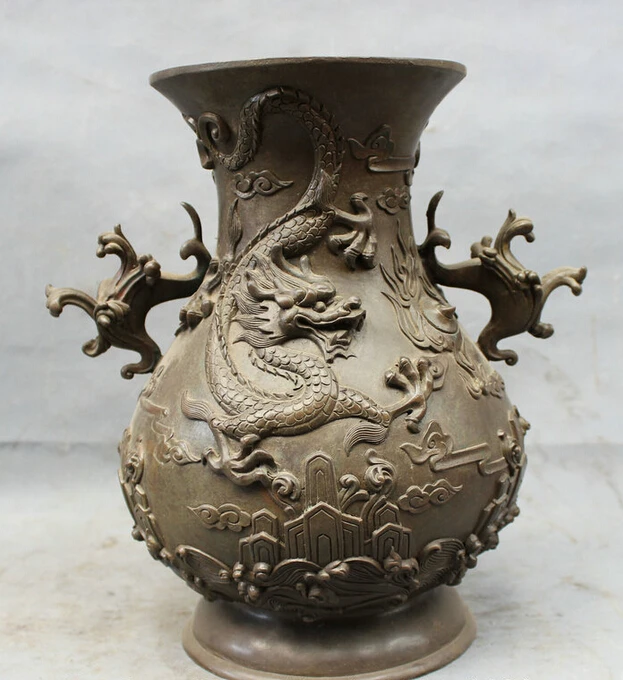 

USPS to USA S1842 11" Chinese Pure Bronze Copper Palace Fly Dragon Statue Binaural Jar Vase Pot (B0413)