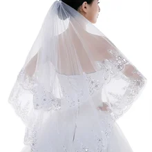 Аппликации, расшитые блестками, Свадебные вуали, мода, реальное изображение, двухслойный тюль, вуаль свадебные аксессуары