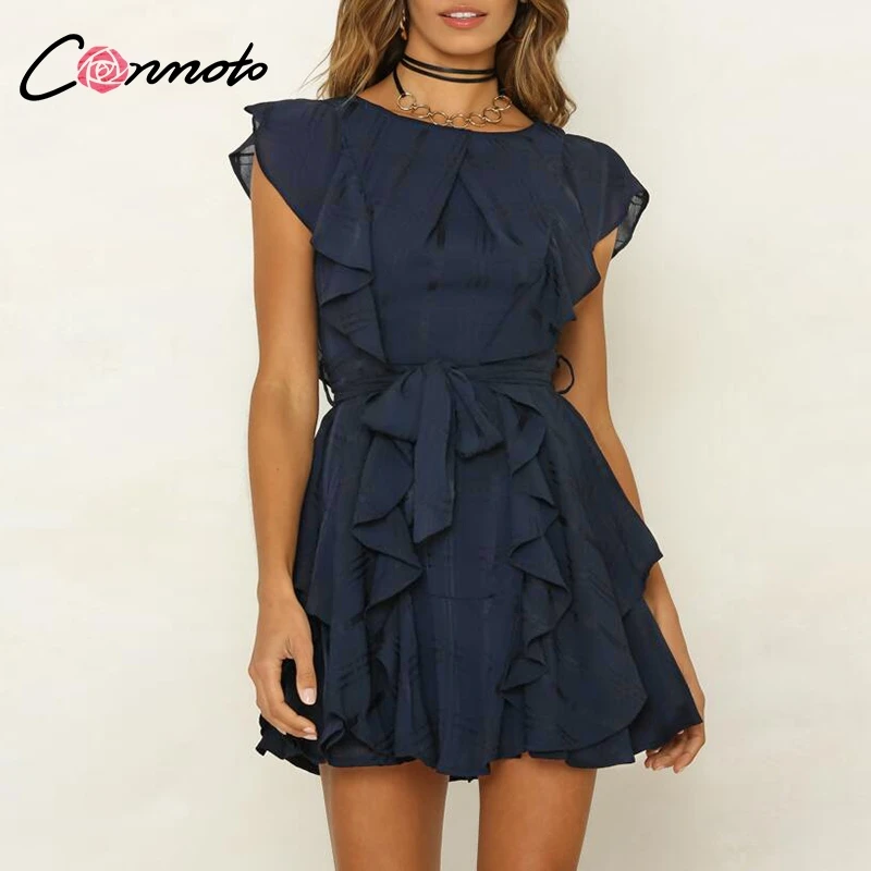 Conmoto Boho Ruffle Elegant Dress For Evening Short Casual Dress Bow Sleeveless Wine Red Women Party Dress Vestidos