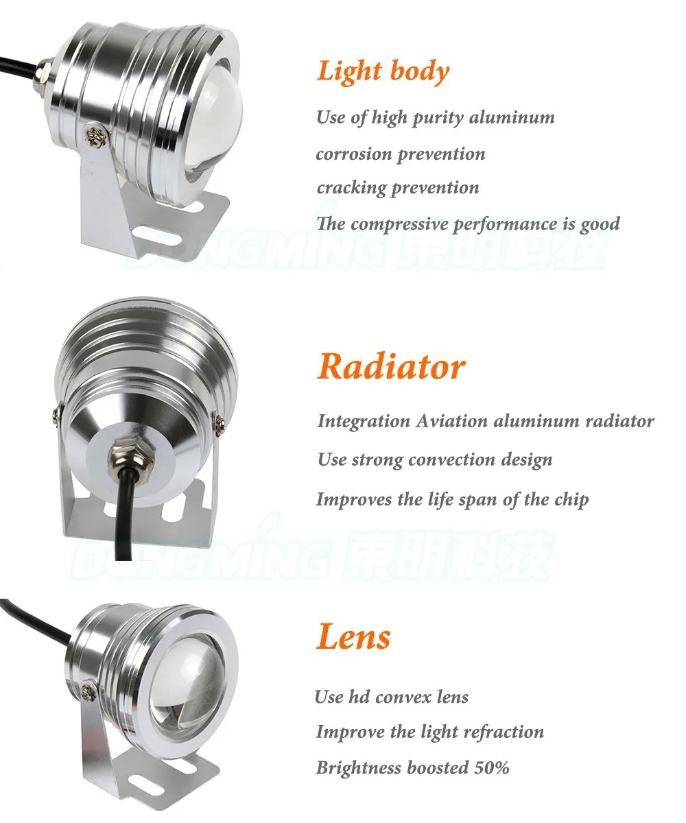 10 шт. серебряная крышка AC85-265V выпуклая линза подводные светодиодные RGB подводный светодиодный светильник IP68 10 Вт фонари бассейн