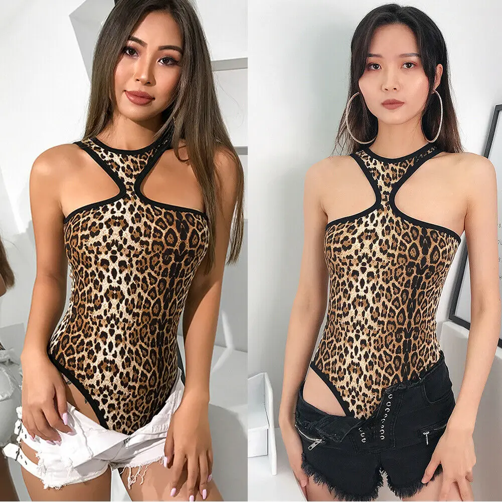 

2019 Women Leopard Bodycon Bodysuit Strap Sleeveless Bandage Skinny Sexy Jumpsuit Romper Leotard