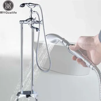 

Luxury Chrome Bathtub Mixer Faucet Floor Mounted Bathroom Tub Tap Dual Pipe Clawfoot Hot and Cold Bath Tub Mixers Crane