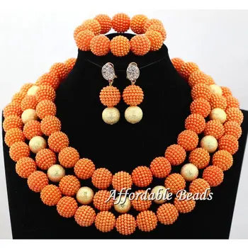 

Orange Nigerian African Bridal Wedding Beads Ball Jewelry Necklace Beaded Party Jewelry Set Handmake hx095
