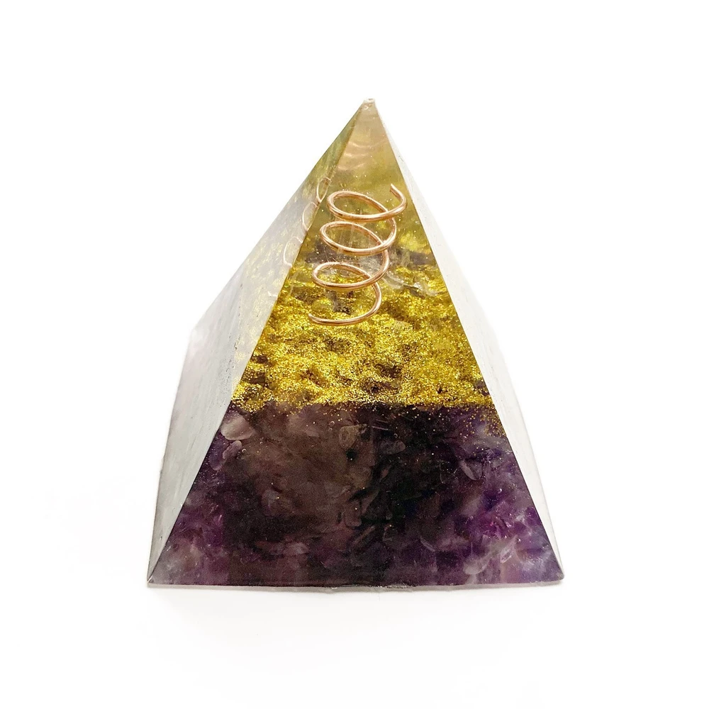 

Natural Amethyst Stone Beads Purple Quartz Crystal Chips Orgonite Pyramid Energy Healing Resin Figurine Office Home Decoration