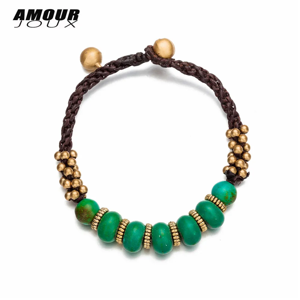 

AMOURJOUX 2018 Boho Handmade Rotating Green Stone Beads Chain Bracelets For Women Gold Color Beaded Bracelet