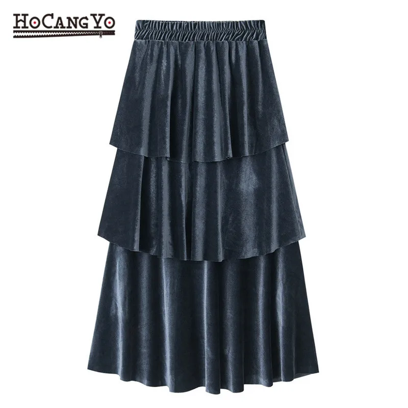 Осень-зима женские длинные юбки с эластичной резинкой на талии полиэстер бархат плиссированная юбка женские юбки в стиле casual с оборками плиссированные юбки