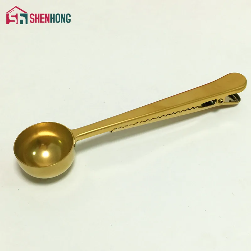 

Gold Universal Heathful Cooking Tool Stainless 1 Cup Ground Coffee Measuring Scoop Spoon with Bag Sealing Clip Good Helper