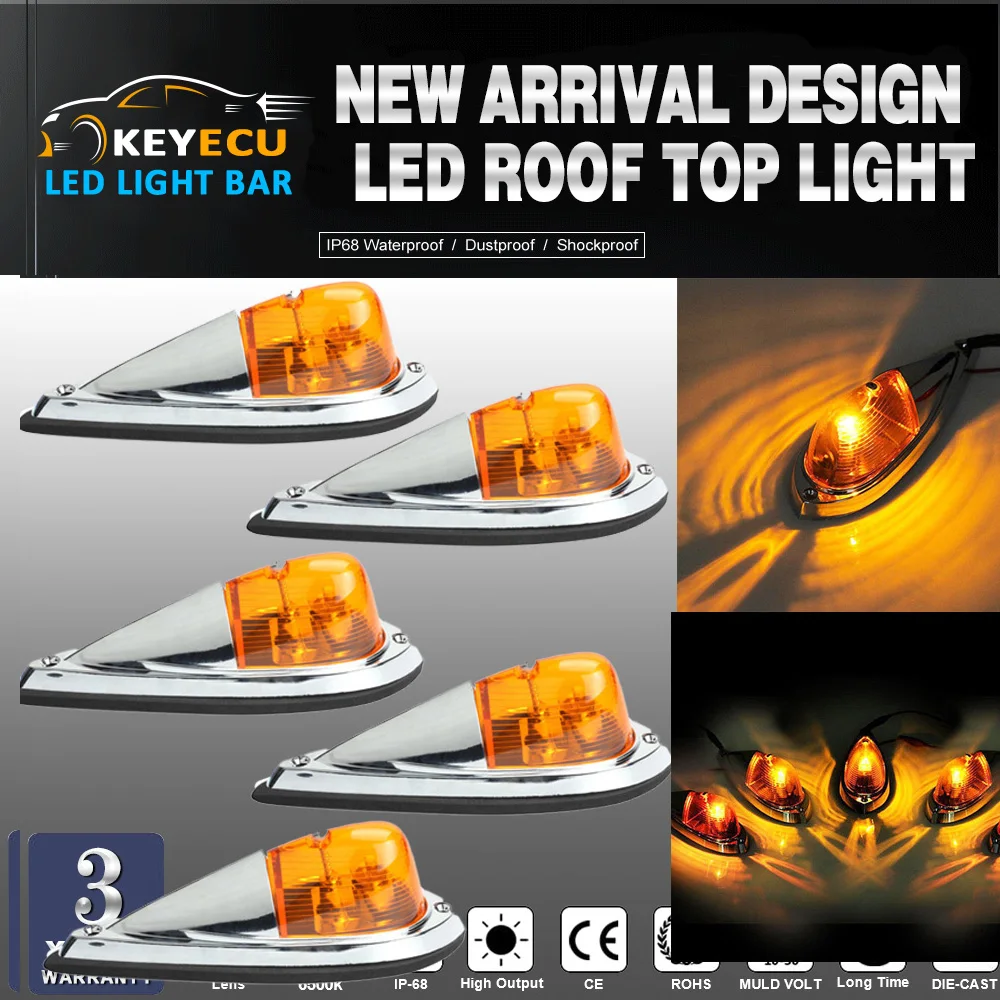 

KEYECU 5X Truck Semi-trailer Chrome Base Amber Lens Cab Roof Top Light Amber LED Bulbs Universal for Trucks, trailers, tractors