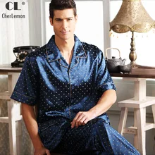 CherLemon мужская летняя Классическая шелковая атласная пижама, мужская рубашка с коротким рукавом на пуговицах с эластичным поясом, штаны, домашняя одежда