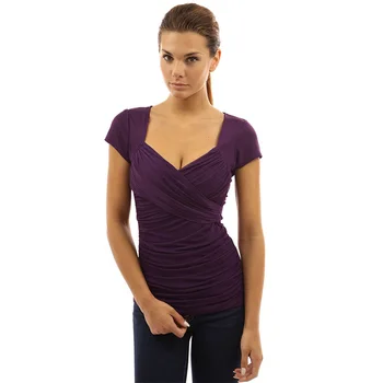 

Summer Sexy Purple Tshirt Women Criss Cross Top Short Sleeve Slim V-neck T-shirt Female T Shirt Ladies Tops Pleated Tee Shirt