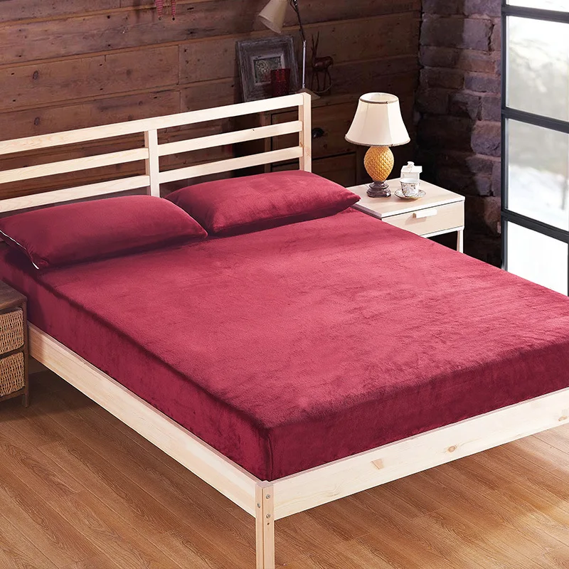 1-Pieces Bedspread Polyester Flannel Solid Color Plush Bed Sheet Set Queen Size Fitted Bed Sheet Pillow Case Mattress Protector