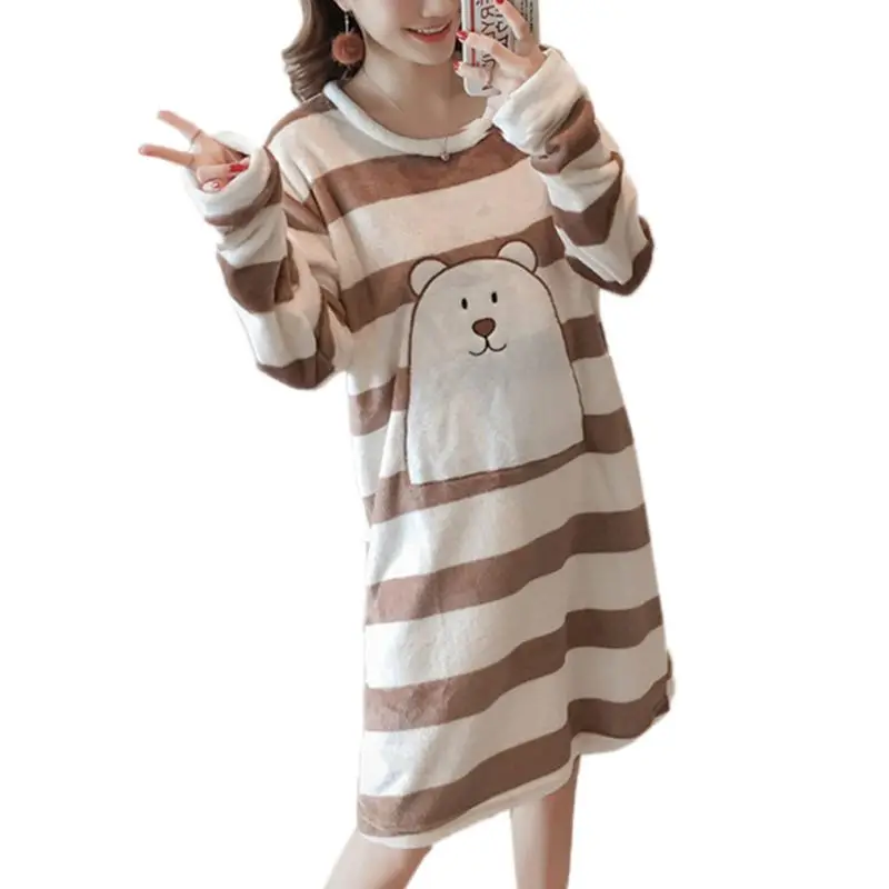 Женская зимняя плотная фланелевая ночная рубашка с длинным рукавом, милая пижама с рисунком медведя из мультфильма, милая свободная одежда для студентов до колен N - Цвет: NO.A