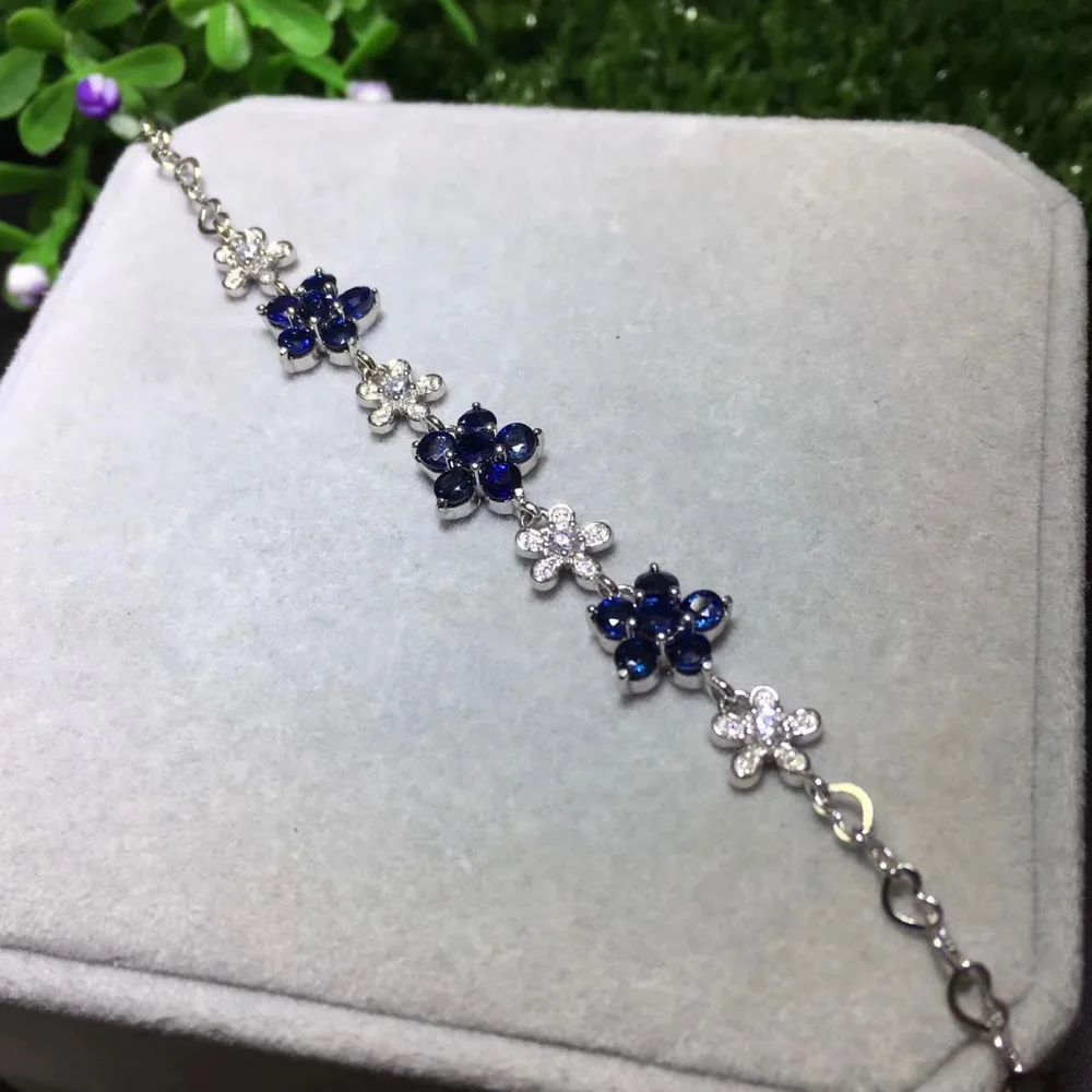  Saphir bleu naturel gemme mode fleurs Bracelet pierres précieuses naturelles Bracelet 925 argent br