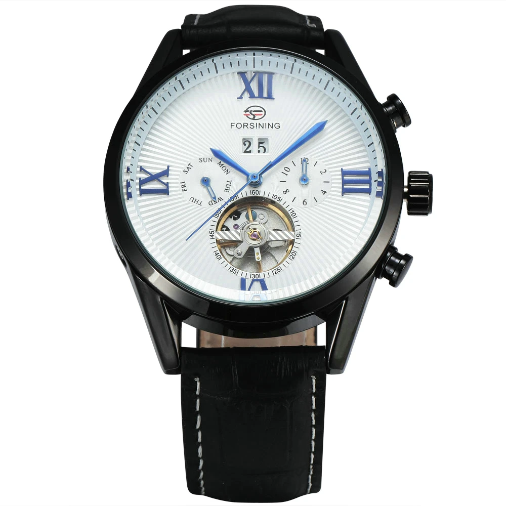 WINNER Multi-function Men Automatic Mechanical Watch Tourbillon Male Wrist Watch with Sub-dials Date Calendar Leather Strap winner men skeleton automatic mechanical watch leather strap sub dials supersize case date calendar box