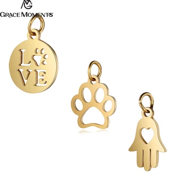 

5pcs/Lot 316L Stainless Steel Charms Gold Color Hollow Love Dog Paw Hamsa Hand Charms Pendants for Jewelry Making DIY Handmade