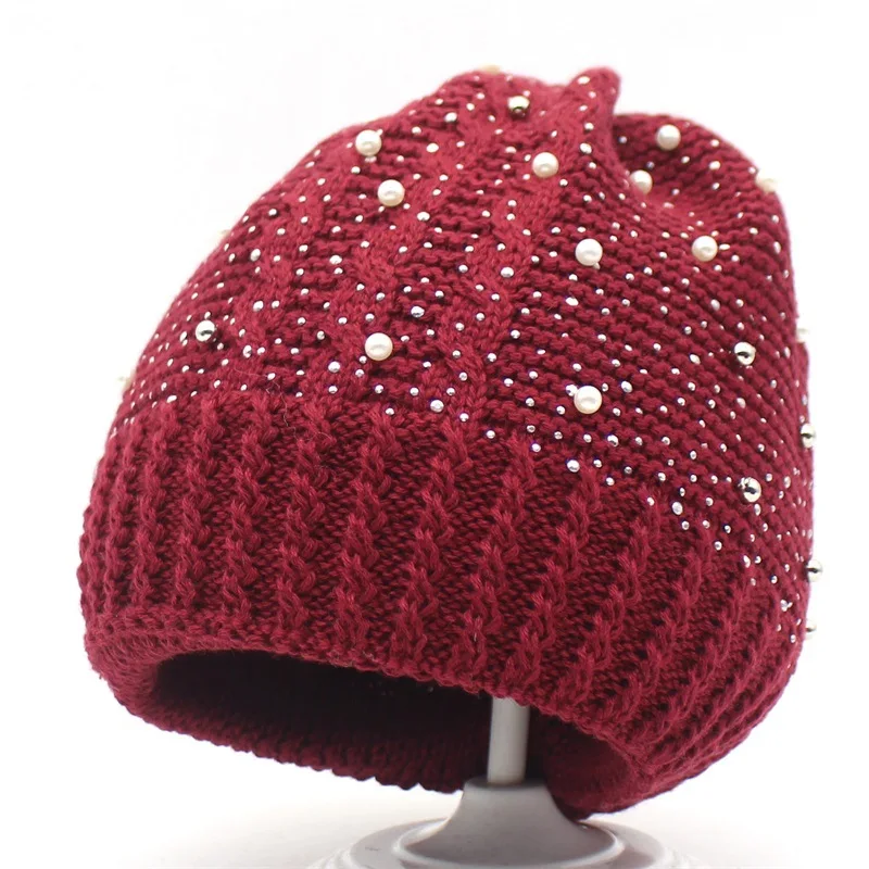 Новые шерстяные шапки для ногтей, жемчужная вязаная шапка, верхняя крышка для обогрева, осенне-зимняя белая шляпа - Цвет: Красный