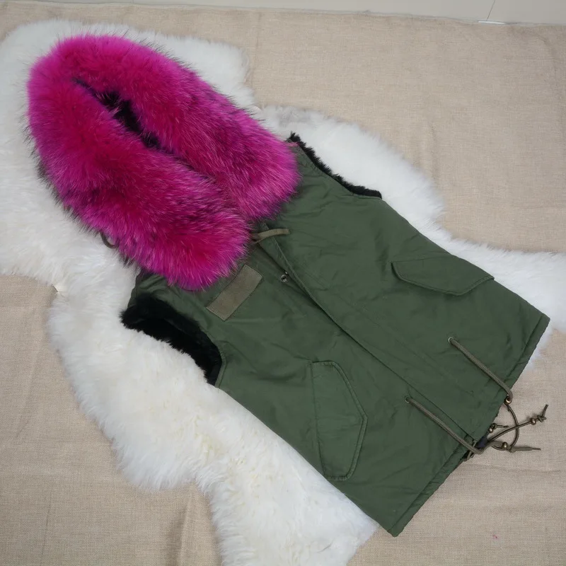 Jancoco Max зеленый жилет черная подкладка с настоящим воротники из меха енота куртка женская зимняя теплая куртка-парка /розничная S1735